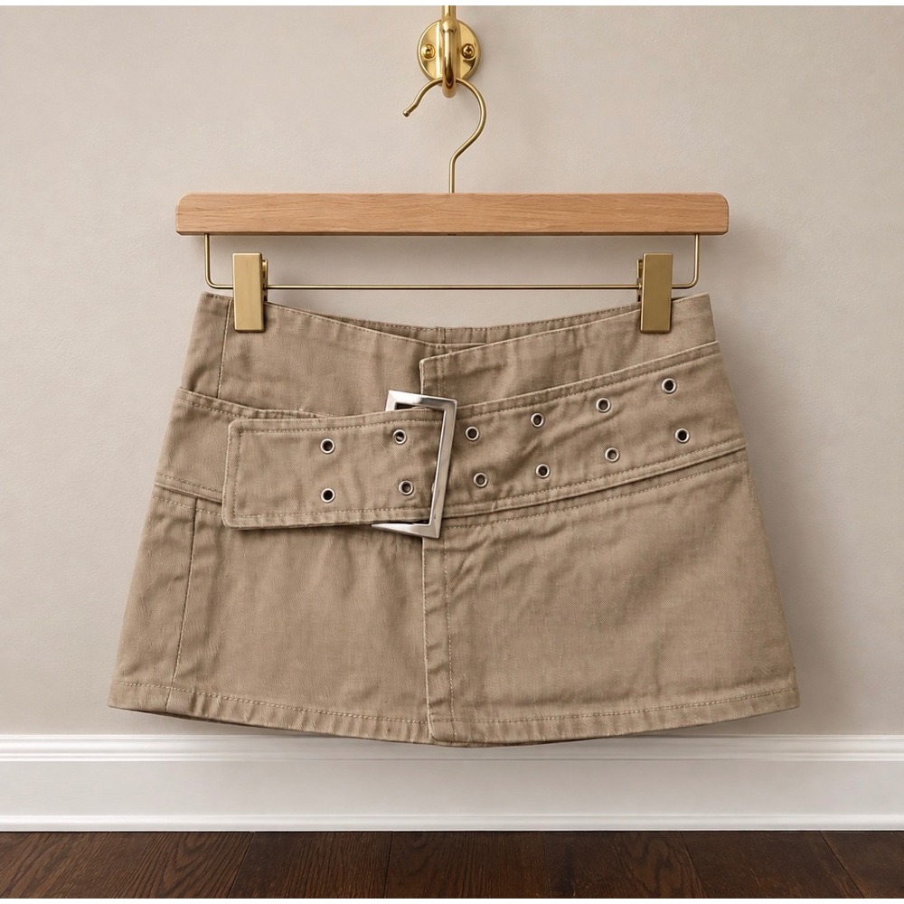 Motel Rocks Khaki Tan Cotton Belted Grommet Mini Skirt XS Y2K Utility